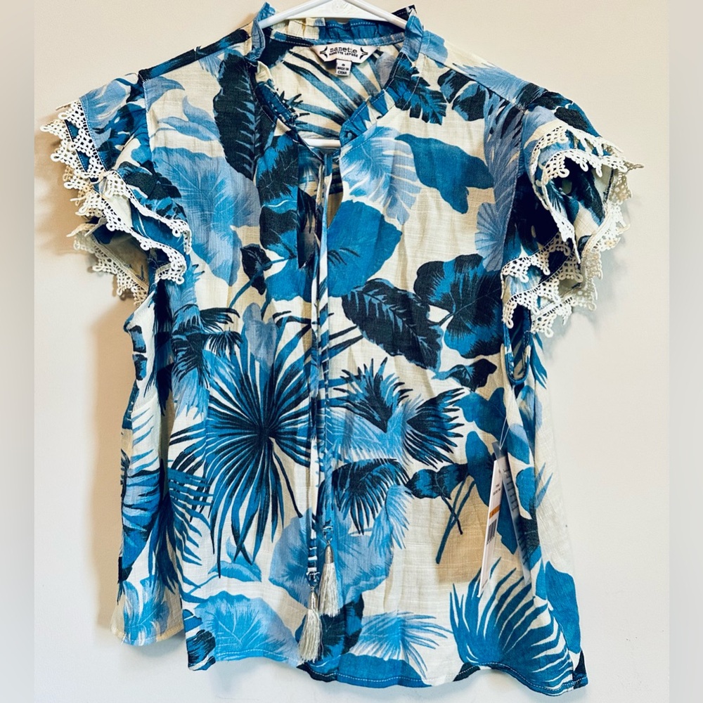 NWT Nanette Lepore Blue & Navy Tropical Tie-Front Blouse
